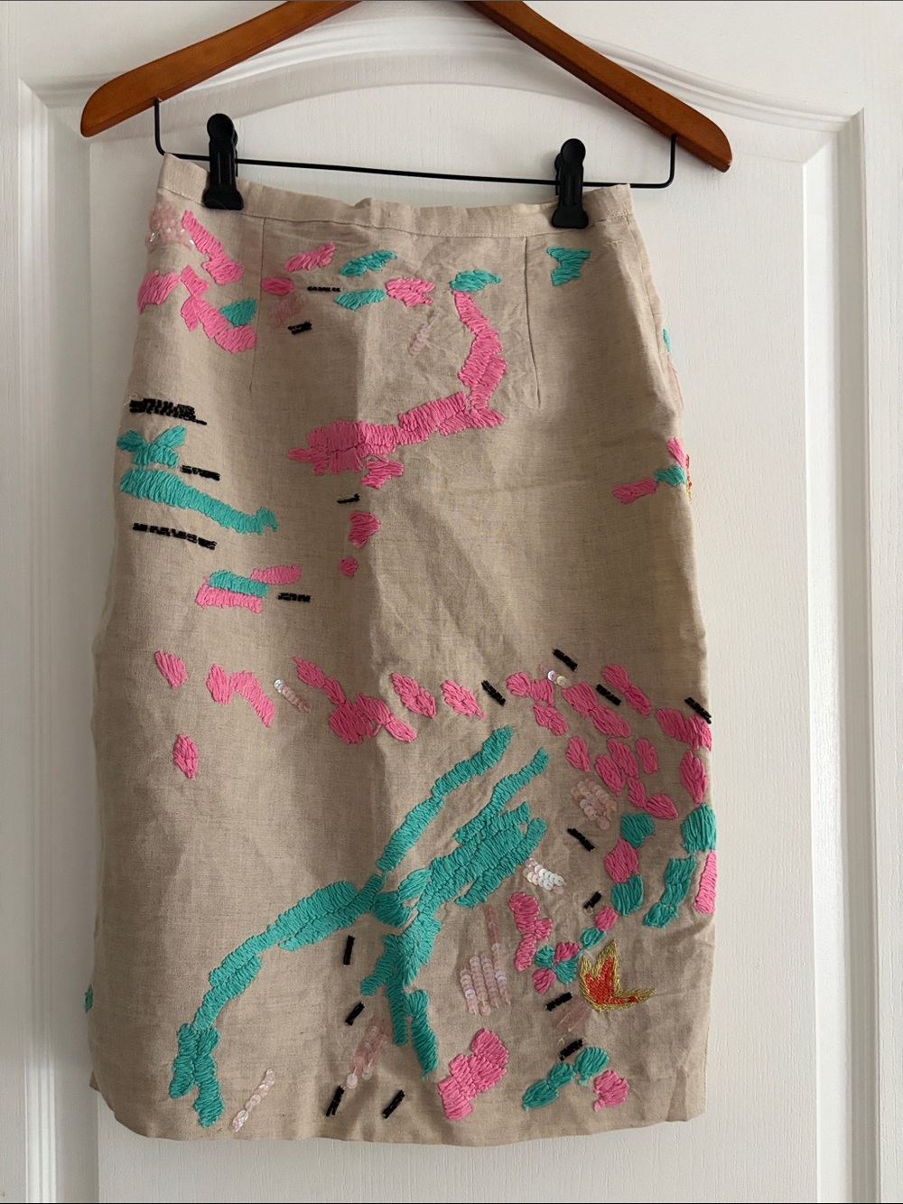 Anthropologie Beige Pencil Skirt with Pink & Teal Embroidery